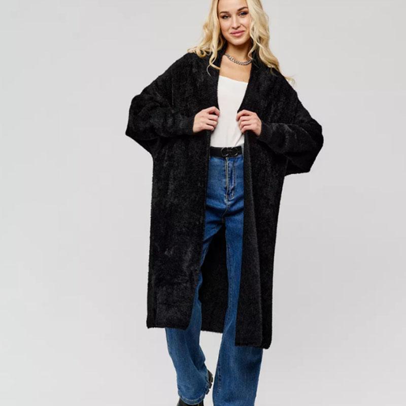 Women's Long Knitted Cardigan Jacket Autumn Winter Loose Faux Mink Fleece Knit Sweater Coat Solid Fleece Open Front Cardigan Coat
