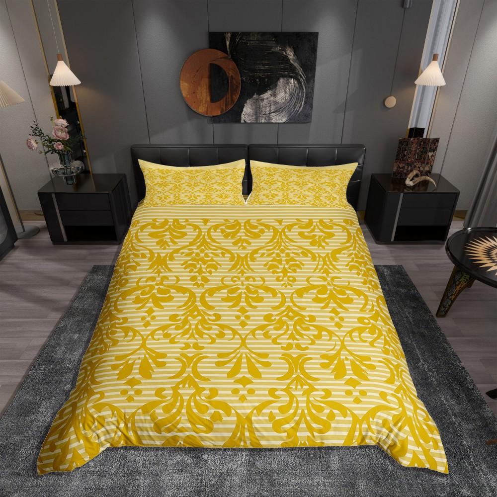 Homewish Black Gold Damask Duvet Cover Set for Female,Mystic Western Tribal Bedding Set,Vintage Bohemian Floral Bed Set