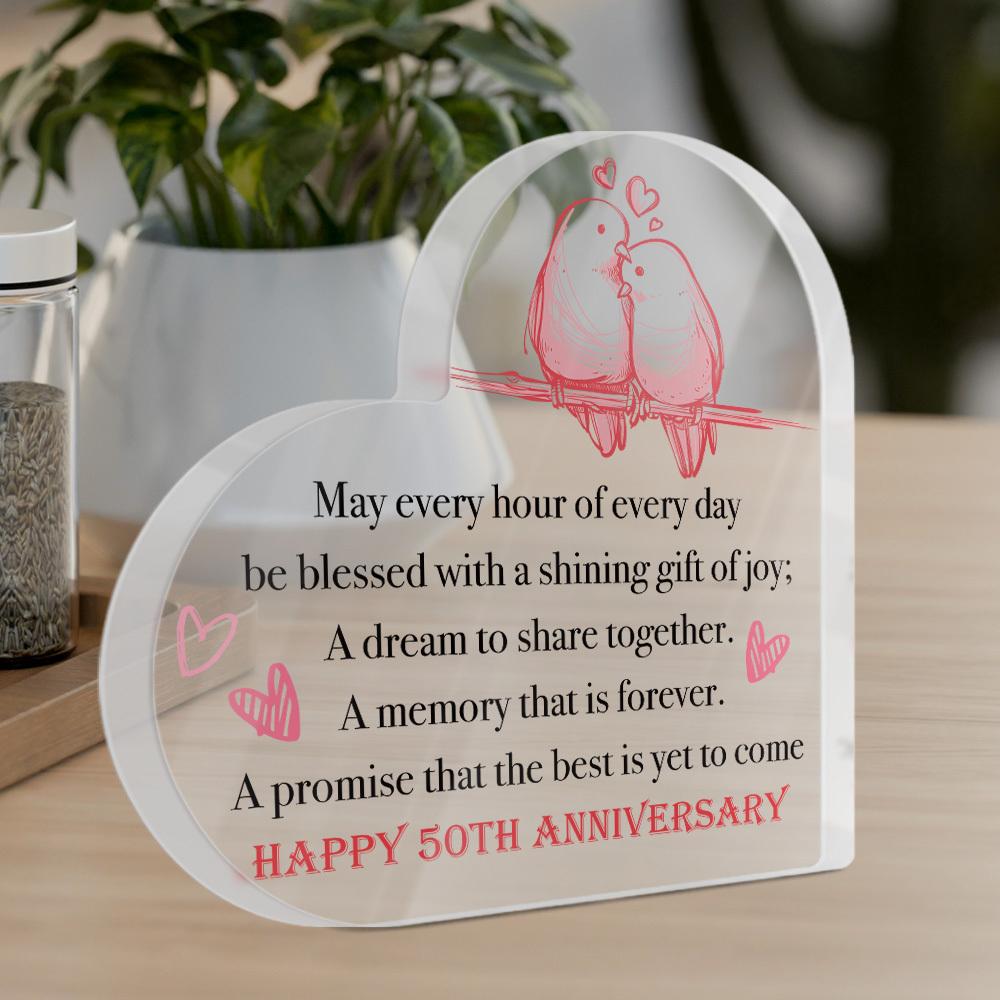 1pc Heart-Shaped Acrylic Anniversary Sign with Romantic Bird Illustration, 'Happy 50th Anniversary' Text, Ideal for Home, Farmhouse