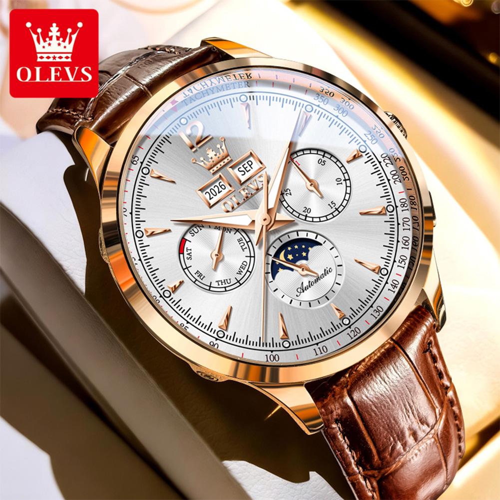 OLEVS Brand New Fashion Moon Phase Original Mechanical Watch Men Leather Strap Waterproof Week Calendar Automatic Watches Mens