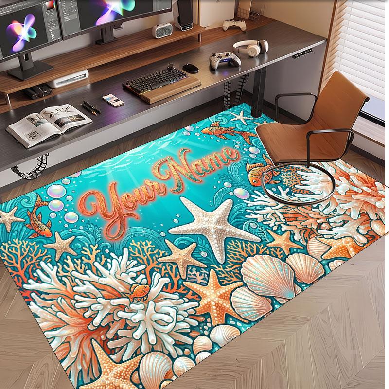 Fish Ocean Theme Soft Crystal Velvet Rug Custom Name & Text Print Non Slip Floor Rug for Bedroom Living Room