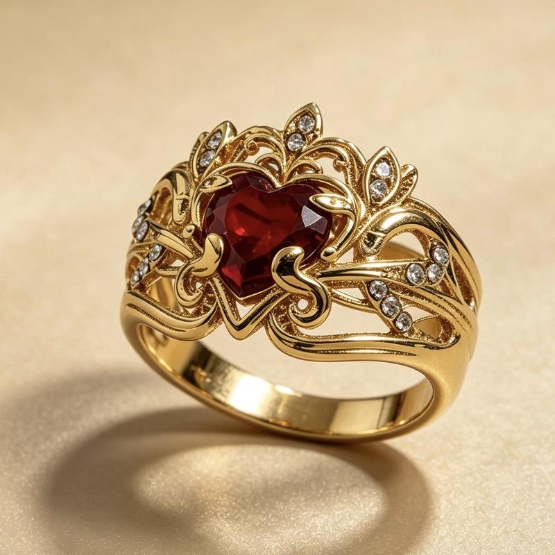 Nuovo Anello d'Oro con Zircone Rosso a Forma di Cuore Gioiello per Donne
