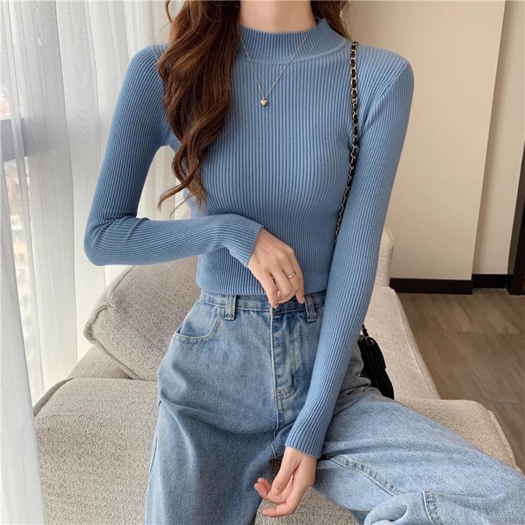 Spring and Autumn Winter Long Sleeve Sweater Women's Interior Tailored Bottom Shirt Half High Collar Korean Edition Knitted Shirt Women's Top