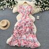 French gentle wind V-neck floral dress women's summer irregular short sleeves waist thin A-shaped long dress vacation style