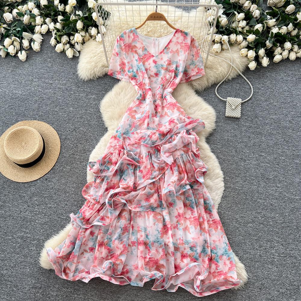 French gentle wind V-neck floral dress women's summer irregular short sleeves waist thin A-shaped long dress vacation style