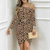 Women Plus Size Asymmetric Cold Shoulder Long Sleeve Dark Gold Leopard Print Irregular Wrap Bodycon Midi Dress