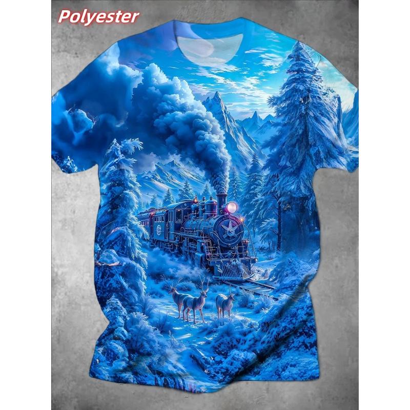 

Starry Sky Bus Pattern T Shirts For Men Retro Train 3D Print 6XL