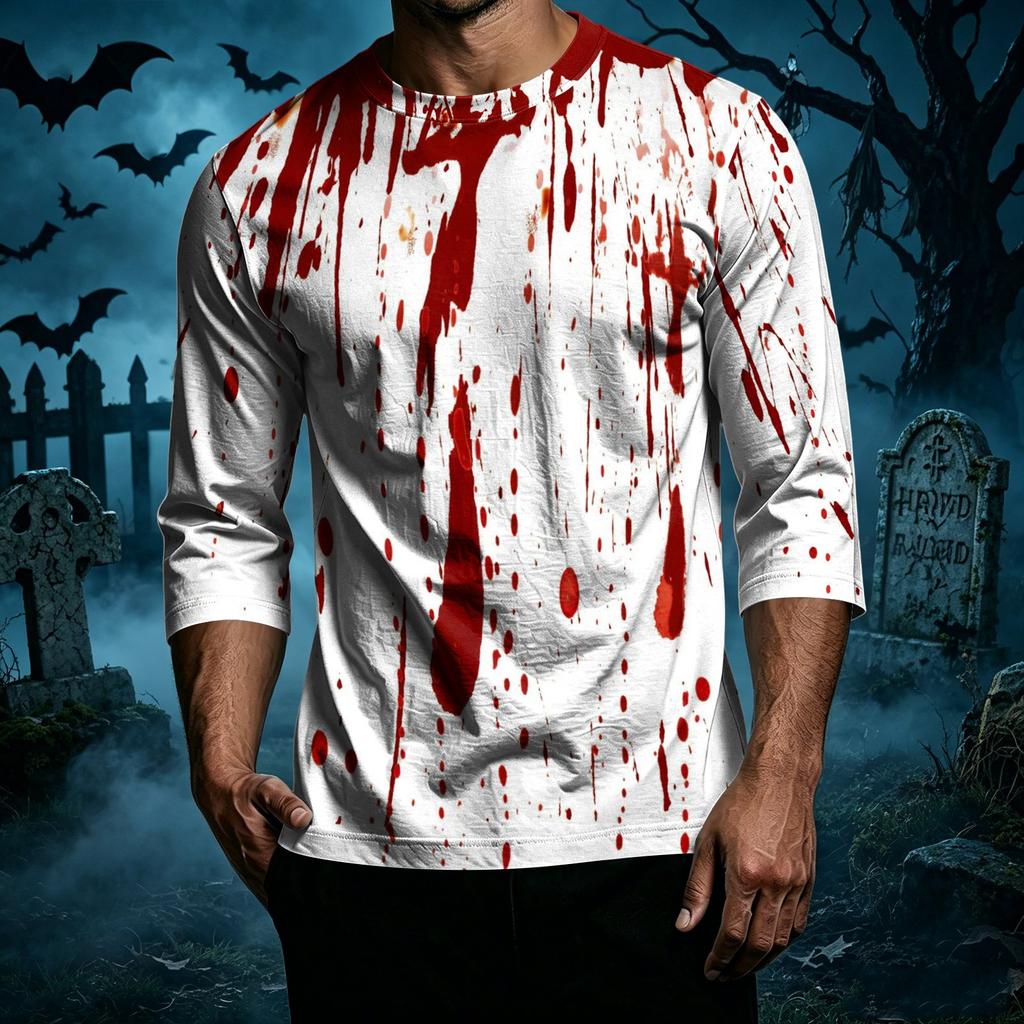 Men's Casual Halloween Print Crew Neck T Shirt Three Quarter Sleeve Top Comfortable Fit Lightweight Fabric Suitable for Everyday Wear