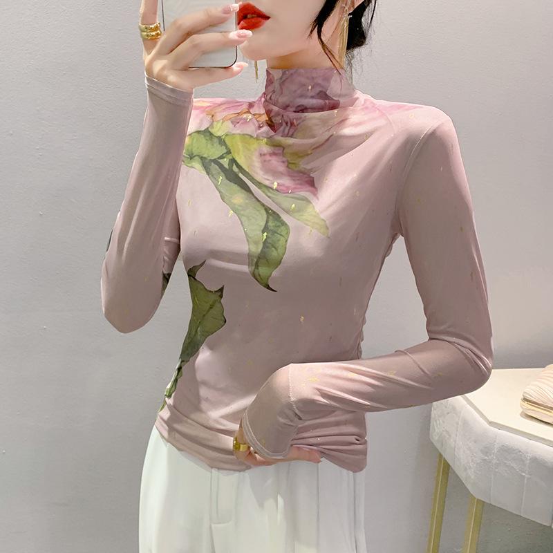 Women's Autumn 2023 Mesh High Neck Printed Long Sleeve Top