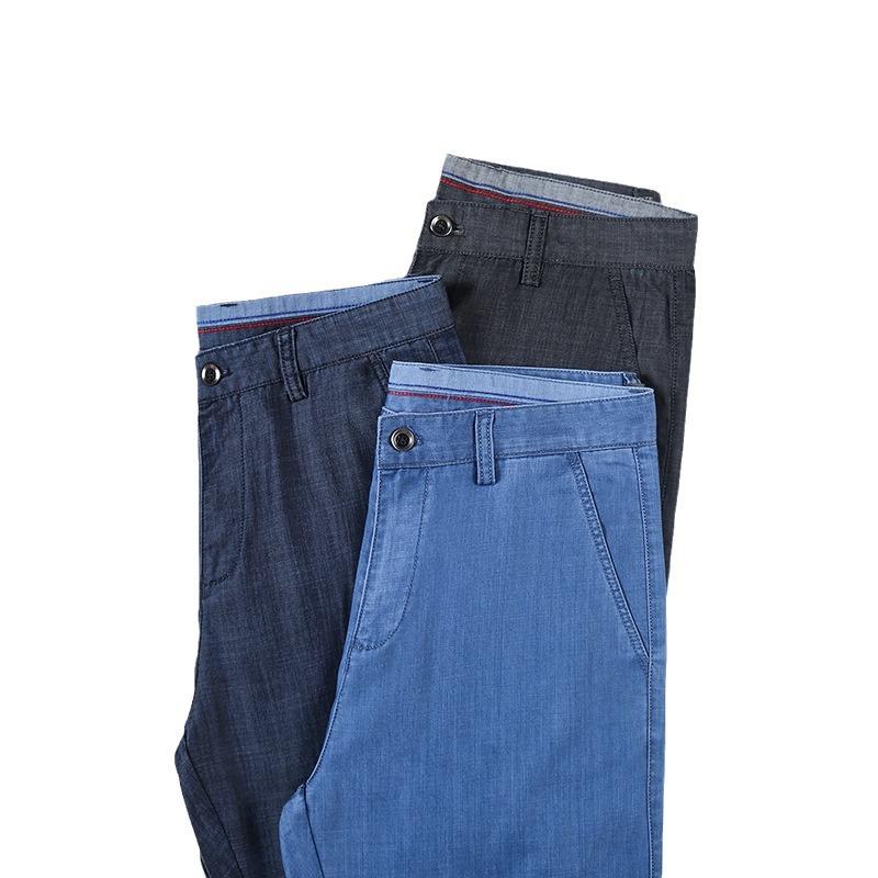 Letní tenké pánské ležérní rovné džíny klasické s vysokým pasem ledově hedvábné splývavé business volné džínové kalhoty černé modré značkové kalhoty