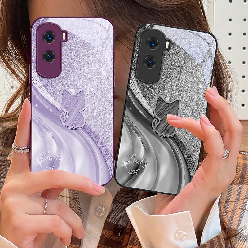 Sparkling Diamond Cat For Honor 200 90 8X 9X Pro Lite P50 P40 Nova 10 11i P60 Magic4 6 Mate 20 50 Tempered Glass Phone Case
