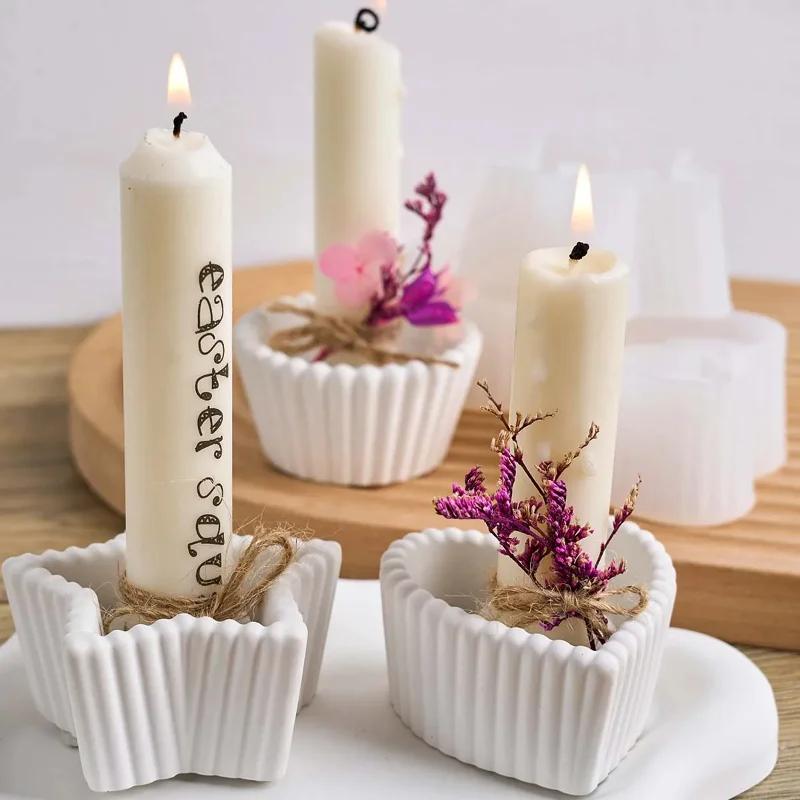 Top Quality DIY Concrete Stripe Silicone Candlestick Mold round Heart Star Shape Resin Craft Casting Molds for Home Decor Candle