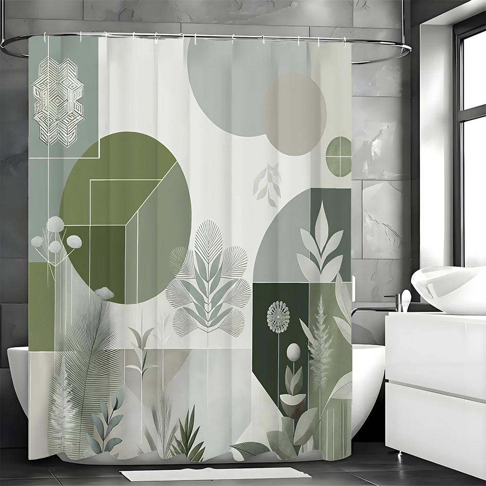 Modern Geometric Round Leaf Minimalist Shower Curtain, Bathroom Decorative Shower Curtain, Waterproof Shower Curtain with Hooks