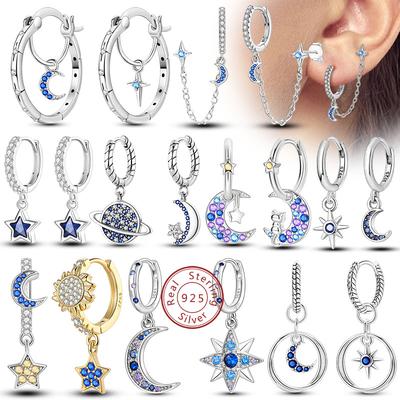 New 925 Silver Hoop Earrings Star Moon Stud Drop Earrings For Woman Party Wedding Accessories Fashion Jewelry Gift