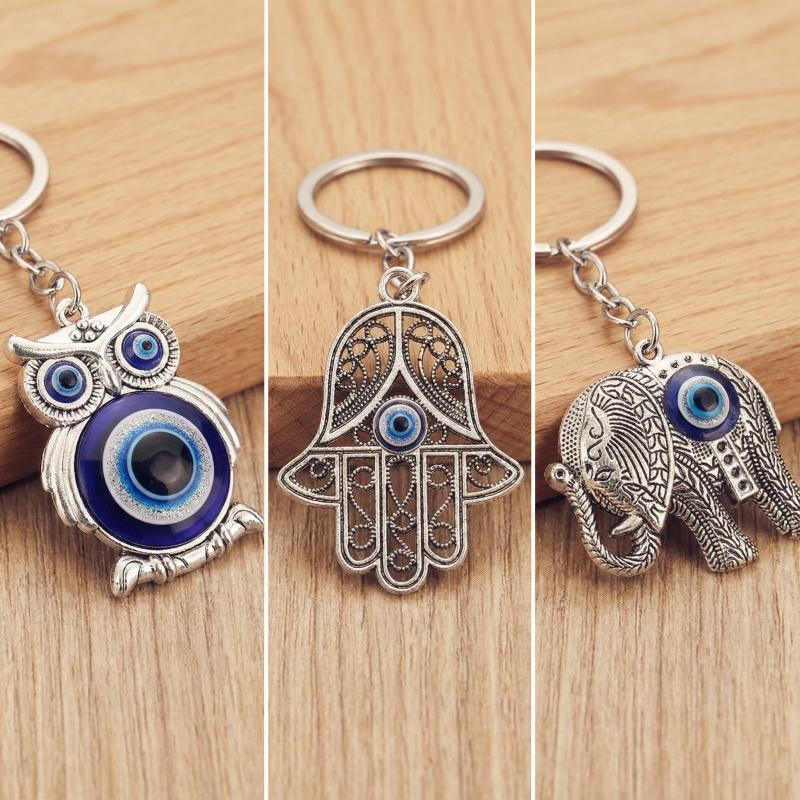 Bonne Chance Nazar Oeil Bleu Porte-clés Argenté Vintage Hibou Éléphant Main de Fatima Pendentif Porte-clés Talisman Bijoux Cadeau Pour Hommes Femmes