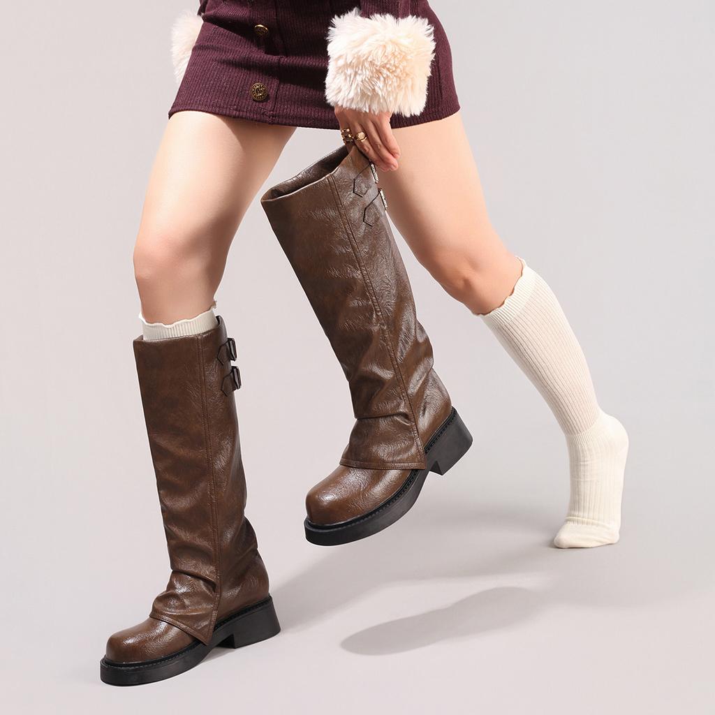 Hose Ein-Pedal elastische Stiefel 2025 neu runde Spitze dicke Sohle modisch retro dünn plissiert vielseitig hohe Stiefel