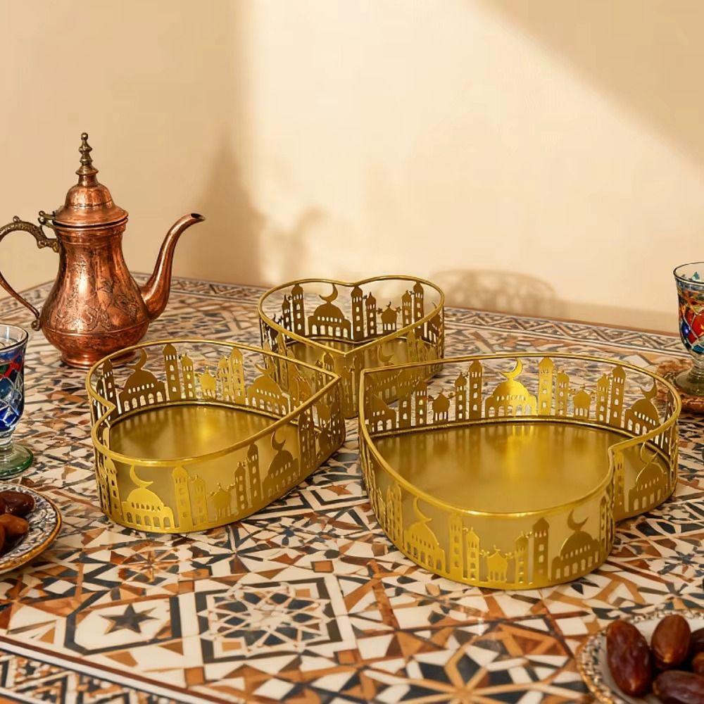 3Pcs Gold Color Ramadan Festival Art Tray Elegant Eid Candy Dish Islamic Holidays