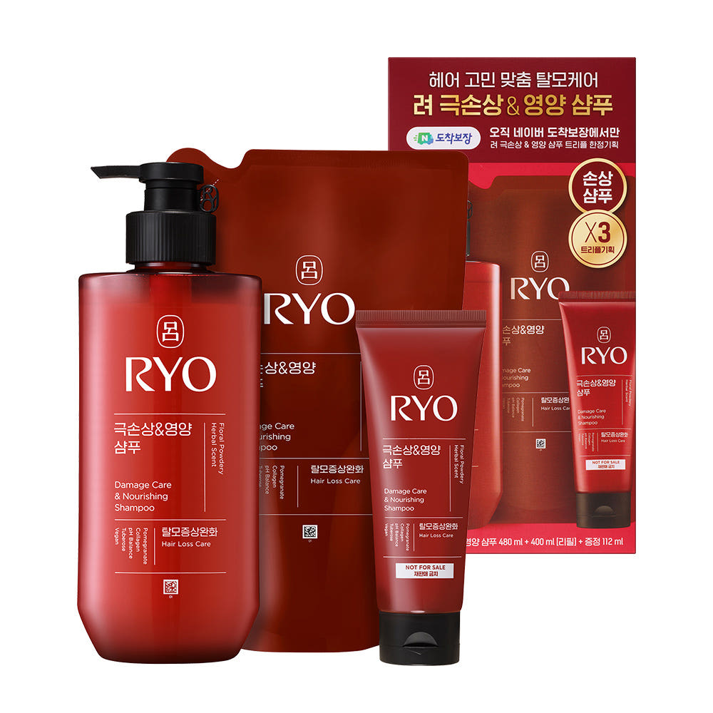 

[RYO] Damage Care & Nourishing Shampoo Set (480ml + 400ml Refill + 112ml) - [KOREAN HAIR CARE] Herbal Repair for Dry & Split Ends 480ml (Pump) + 400ml (Refill) + 112ml (Mini)