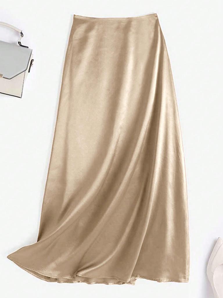 Women Elastic High Waist Satin Zipper Back Mermaid Hem Casual Comfort Skirt Elegant Chic Luxury Fashion Solid Silk Fabric With No Wrinkle