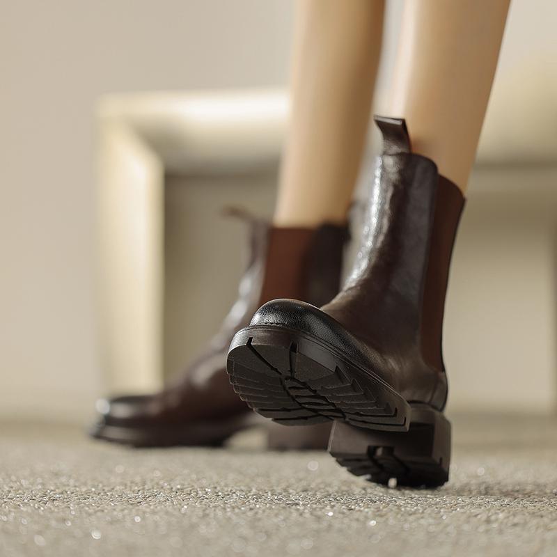 Krazing Pot Cow Leather Autumn Winter Shoes Round Toe Platform Plus Size Basic Clothing Thick Med Heels Slip On Chelsea Boots Women Ankle Boots