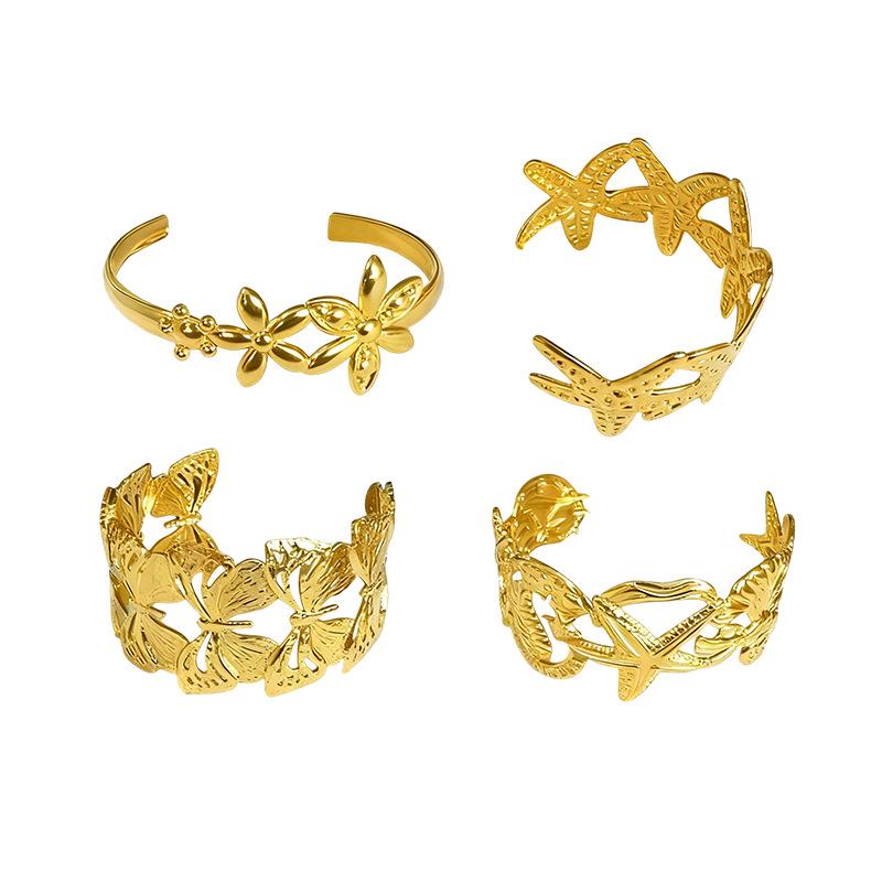 Personalized Stainless Steel Open Cuff Bracelet - Simple, Fashionable, and Elegant with Golden Texture.