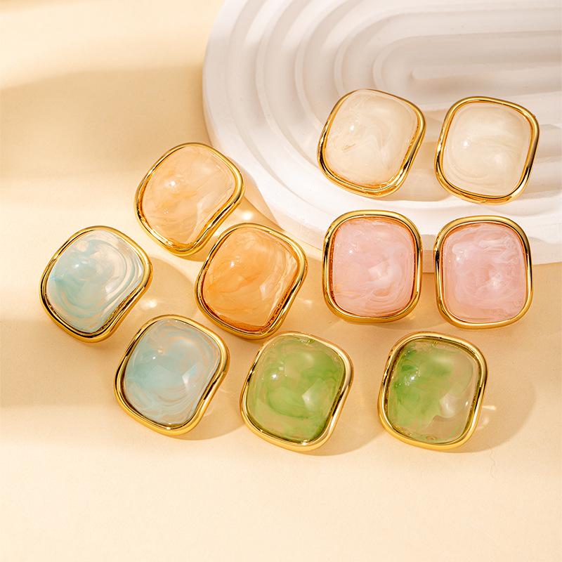 Neuer Eingang Macaron Farbe Harz Edelstahl Ohrringe 18 Karat Vergoldet Modische Steckerohrringe für Damen Wasserdichter Schmuck