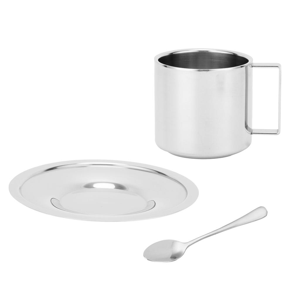 Kaffeetasse Edelstahl Doppelschicht Isolierung Milchbecher mit Löffel Untertasse Haushalt(Silber 180ML)