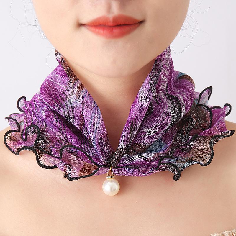 Fashion Printed Gauze Scarf Pearl Pendant Scarf Spring Lightweight Muffler Women Decorative Small Silk Scarf Headband