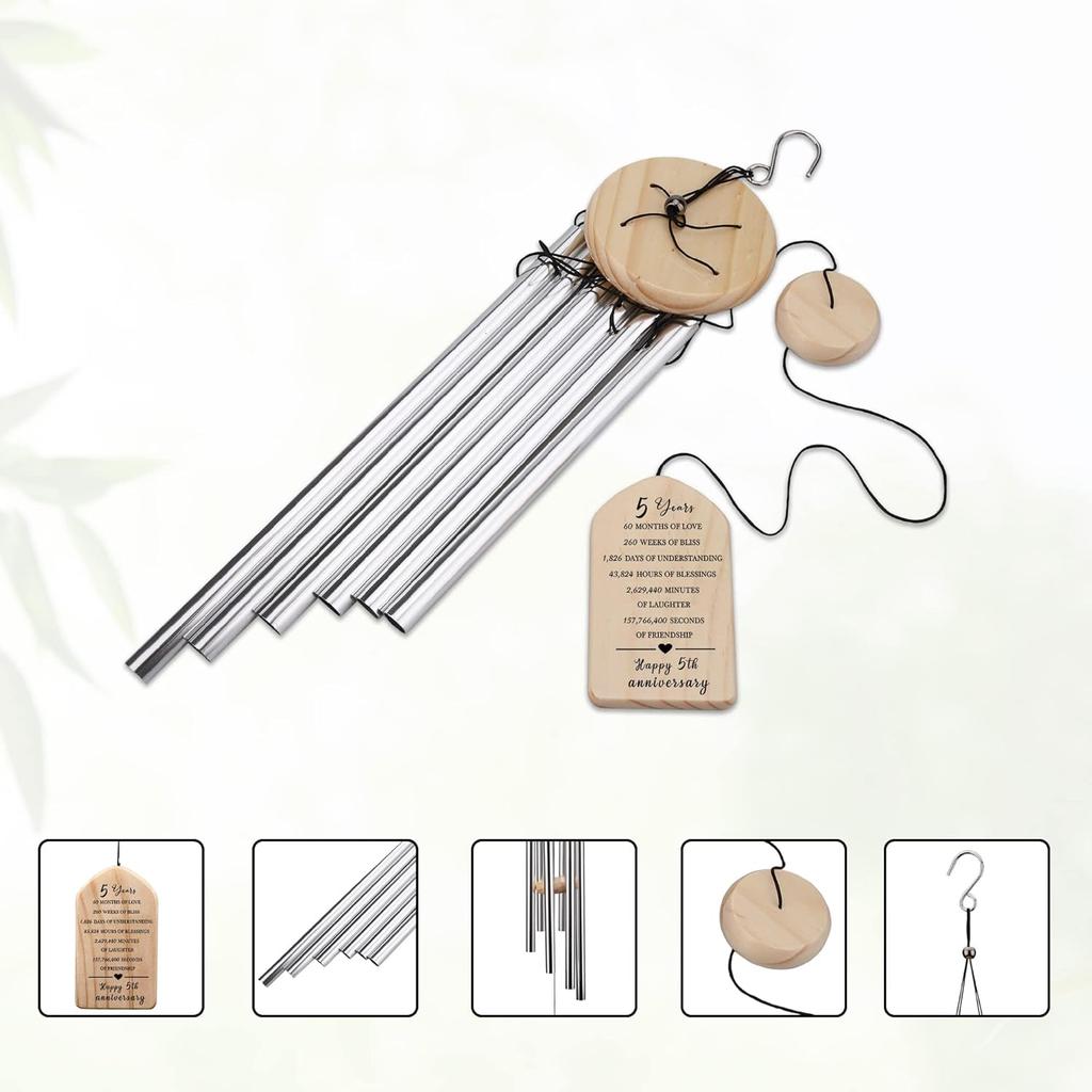 5 Years Anniversary Wind Chime, Happy 5th Anniversary Gift, 5 Years of Marriage, Wood Wedding Anniversary Keepsake for Couples Husband Wife,