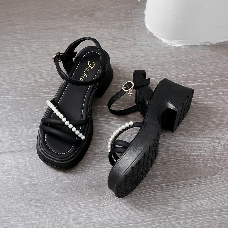 Pearl platform sandals women wear 2025 summer new fairy wind open toe one-word button Roman high-heeled sandals women
