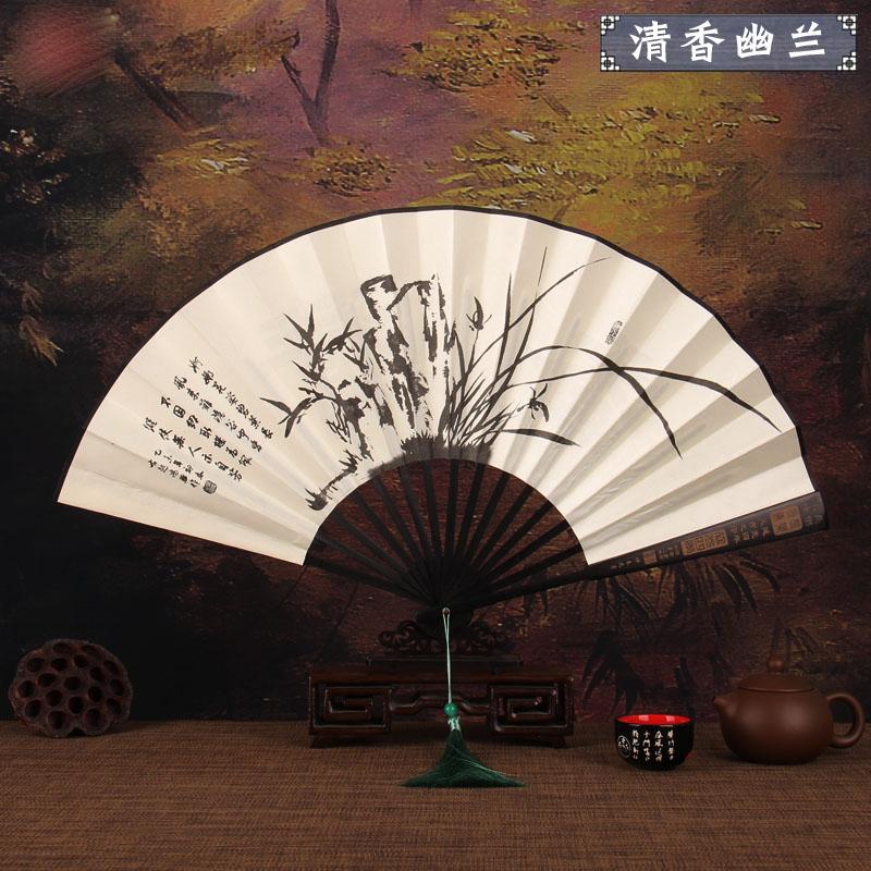 Retro style men's big folding fan with fan tassel Portable daily decorative hand fan Laser engraving fan bone Durable hand fan
