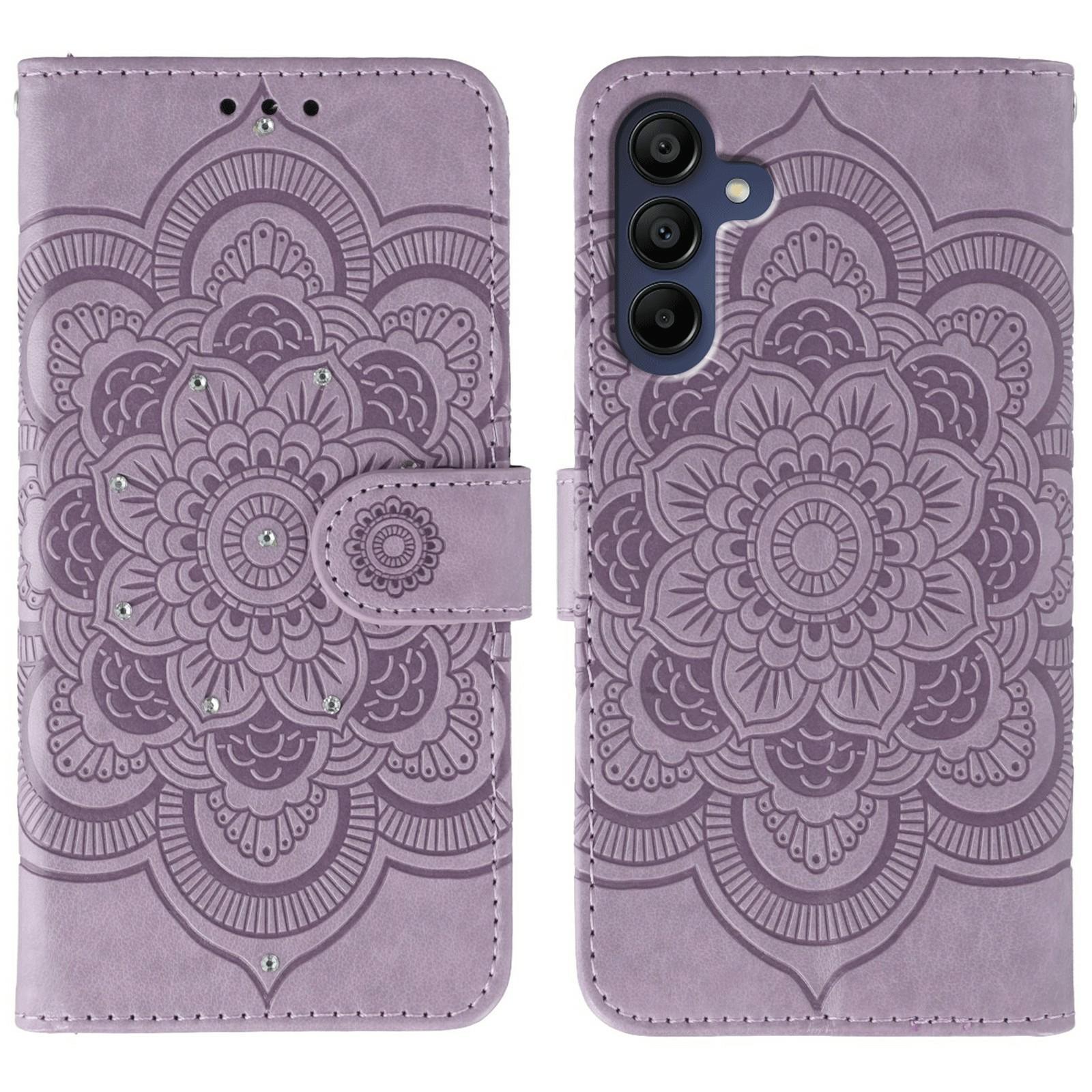 

For Samsung Galaxy A36 5G Case Rhinestone Decor PU Leather Mandala Imprinted Design Phone Cover with Wrist Strap Purple