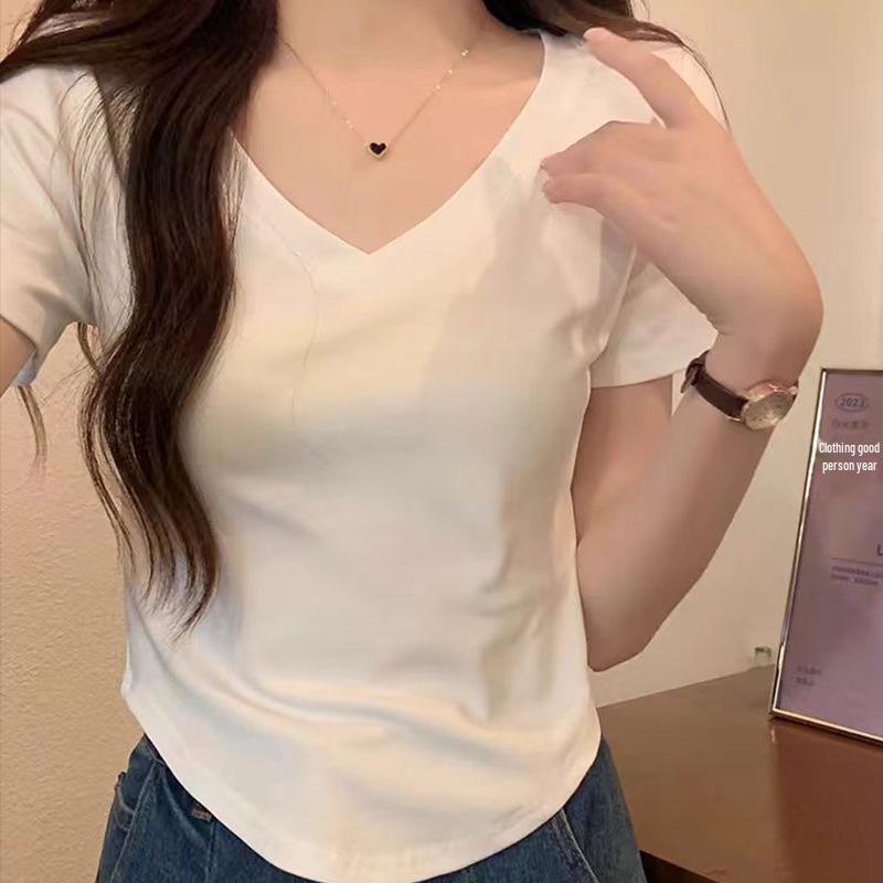 2026 Summer New Slim Fit V-Neck Short-Sleeve T-Shirt for Petite Women
