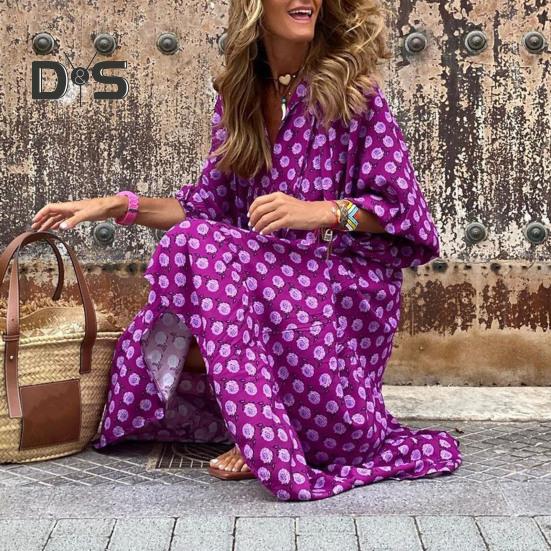 Women V Neck 3/4 Puff Sleeves Maxi Dress Bohemia Floral Print Stitching Flow Hem Loose Fit Beach Long Dress Casual Sundress