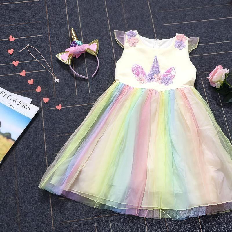 Kinder Regenbogen Einhorn Kleid mit Farbverlauf: Ärmelloser Macaron-Gaze-Rock Prinzessinnen-Set