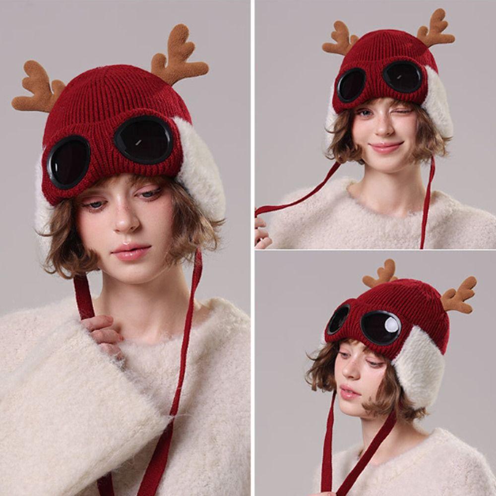 Warm Knitted Hat Knitted Plush Ear Flaps New Design Reindeer Antler Hat  Backpack Accessories