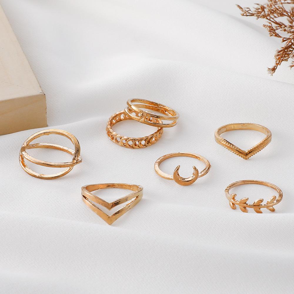 7pcs/set Moon Leaf Double V Double Layer Cross Ring