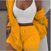 Women's Loose Fit Three Piece Loungewear Long Sleeve Fuzzy Cardigan V Neck Tank Drawstring Waist Shorts Winter Solid Tracksuit