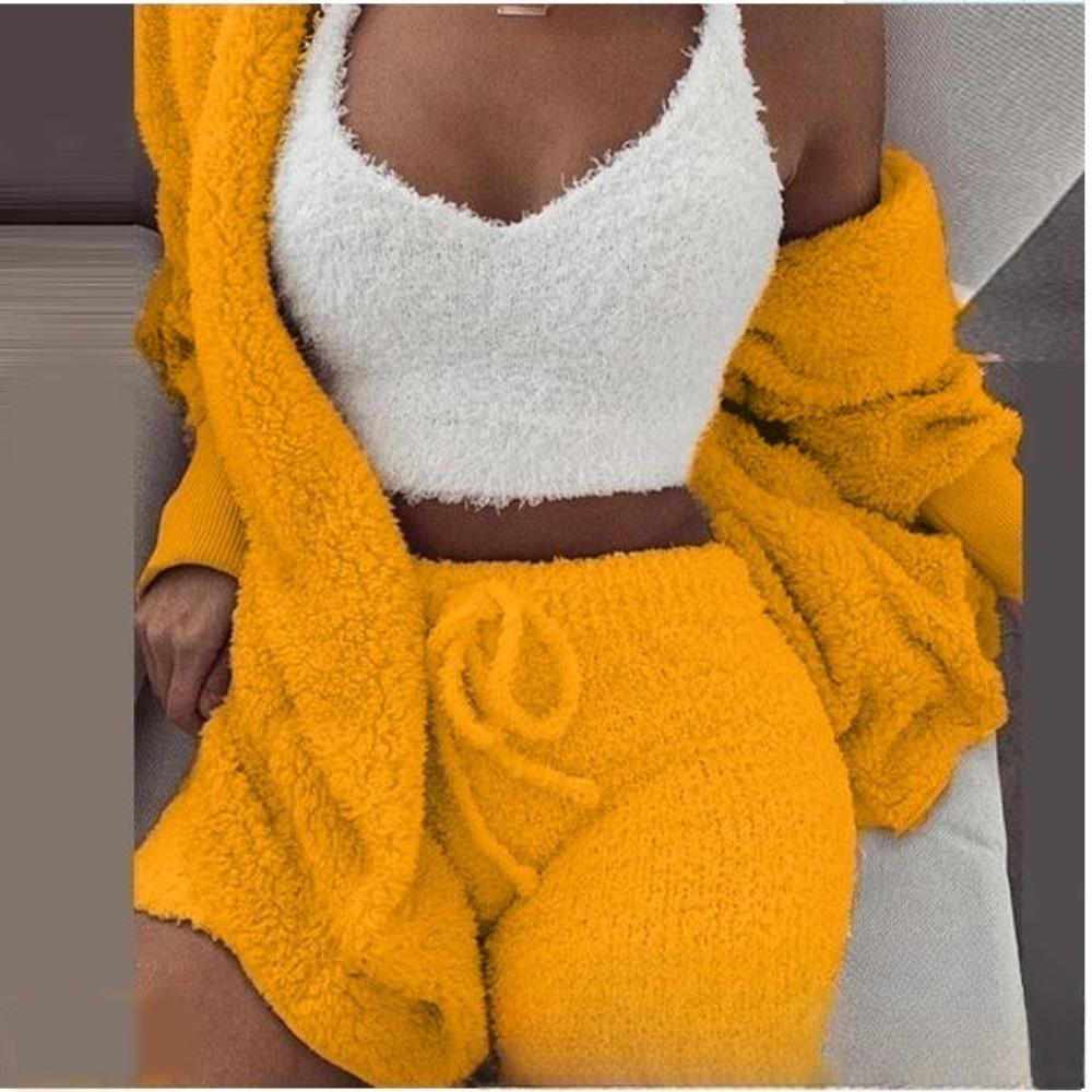 Women's Loose Fit Three Piece Loungewear Long Sleeve Fuzzy Cardigan V Neck Tank Drawstring Waist Shorts Winter Solid Tracksuit