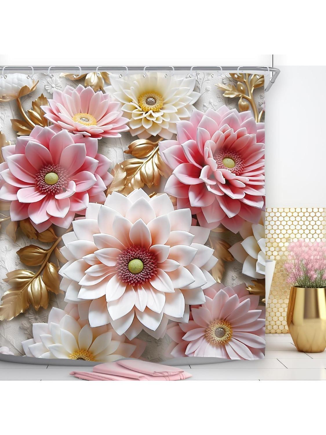 Розовая цветочная шторка для душа для декора ванной комнаты Романтичная винтажная цветочная золотая листва Рельефная скульптура Ретро растение Ботаническое искусство 90x180CM