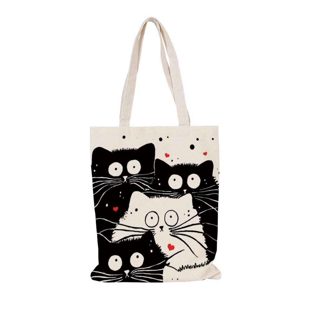 Black Cat Printed Canvas Bag Cartoon Tote Bag Shoulder Storage Bag Ladies Beach Bag Shopping Bag Travel Storage