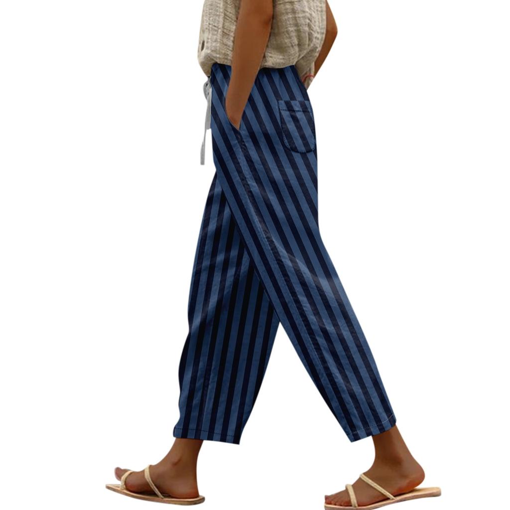 Pantaloni casual elastici cu imprimeu în dungi de damă