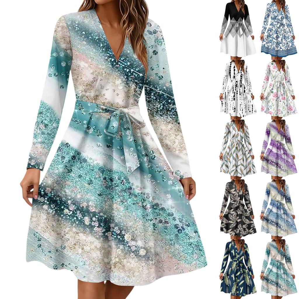 Women's Fashion Casual V-Neck Long Sleeve Waist Floral Print Midi Dress