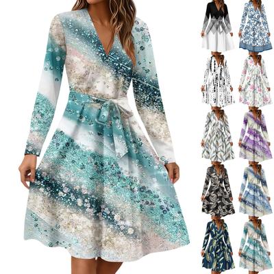 Vestido Midi Casual de Moda para Mujer con Cuello en V, Manga Larga, Cintura y Estampado Floral