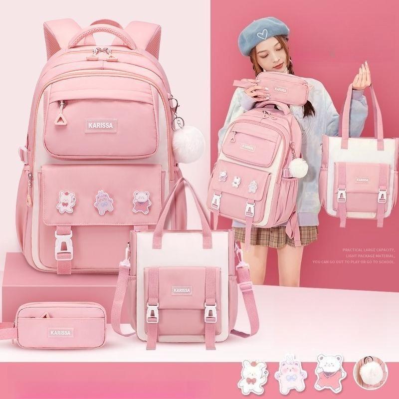 Pink Waterproof Wear-resistant Leisure School Bags Primary School Girls' After-school Tutoring Shoulder Bag Lightweight Nylon Material Bookbag