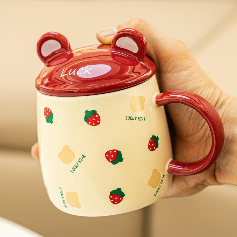 Kubek Misia z Pokrywką i Łyżeczką Uroczy Ceramiczny Kubek do Wody Dziewczęcy Wysoki Wygląd Kreskówkowy Kubek Biurowy dla Pary Użytek Domowy