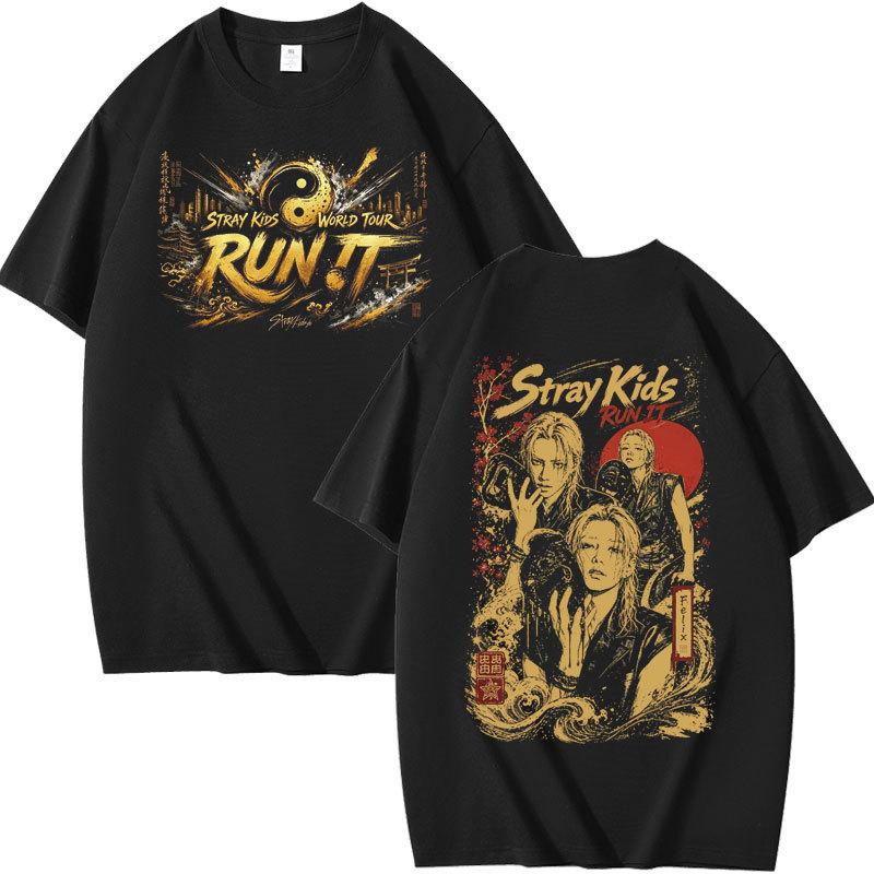 T-shirts Graphiques Stray Kids Run It World Tour, Impression Double Face Art Oriental Vintage Merchandising pour Fans de Kpop T-shirts Décontractés à Manches Courtes