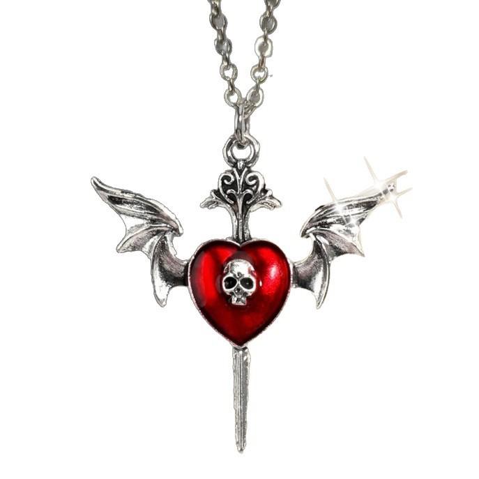 Dark Gothic Red Heart Wings Skeleton Alloy Necklace With Cross Chain For Women