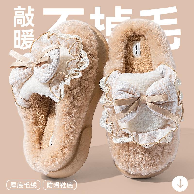 Cartoon Bow Cotton Slippers Women's New Autumn and Winter Indoor Home Plush Warm Cotton Drag Women