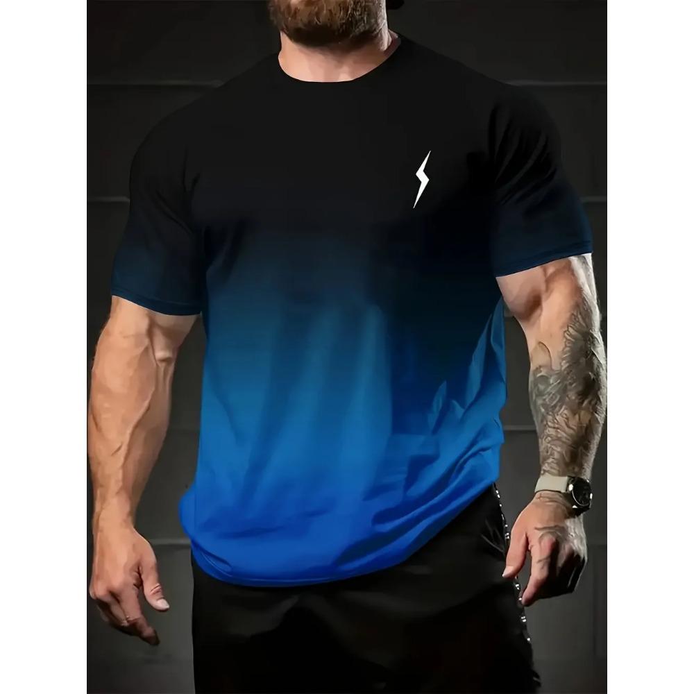

Men s Casual Style Summer Gradient Lightning Print Comfortable and Breathable Round Neck T-shirt Outdoor Fashion Top S синий